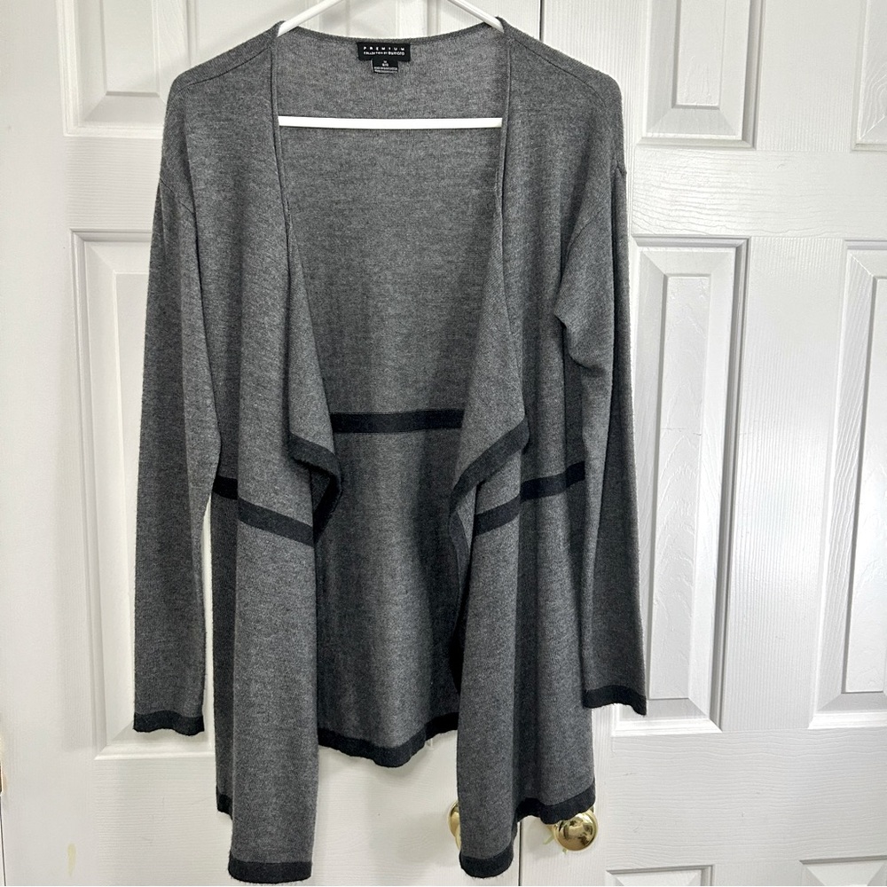 Esmara Long Line Cashmere Blend Grey & Black Open Front Drape Cardigan Sweater M